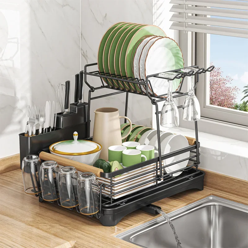 Kitchen Dish Bowl Drainer Storage Rack 2 Tier Cupboard Shelf Chopsticks Knife Fork Cup Organizer Countertop Sink Tableware Drain