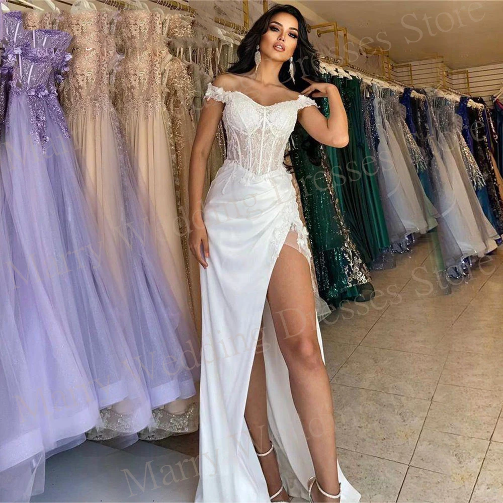 Vestidos De Novia modernos con hombros descubiertos, apliques De encaje, Espalda descubierta, sin mangas, Sexy, abertura alta