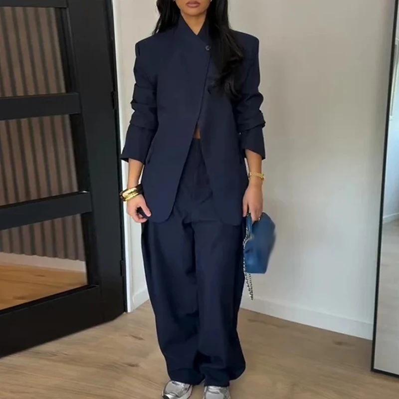 Women Solid 2 Piece Pants Suit Asymmetric Wrap Blazer Long Sleeve High Waist Pleated Wide Leg Trousers Outfit Formal Office Sets