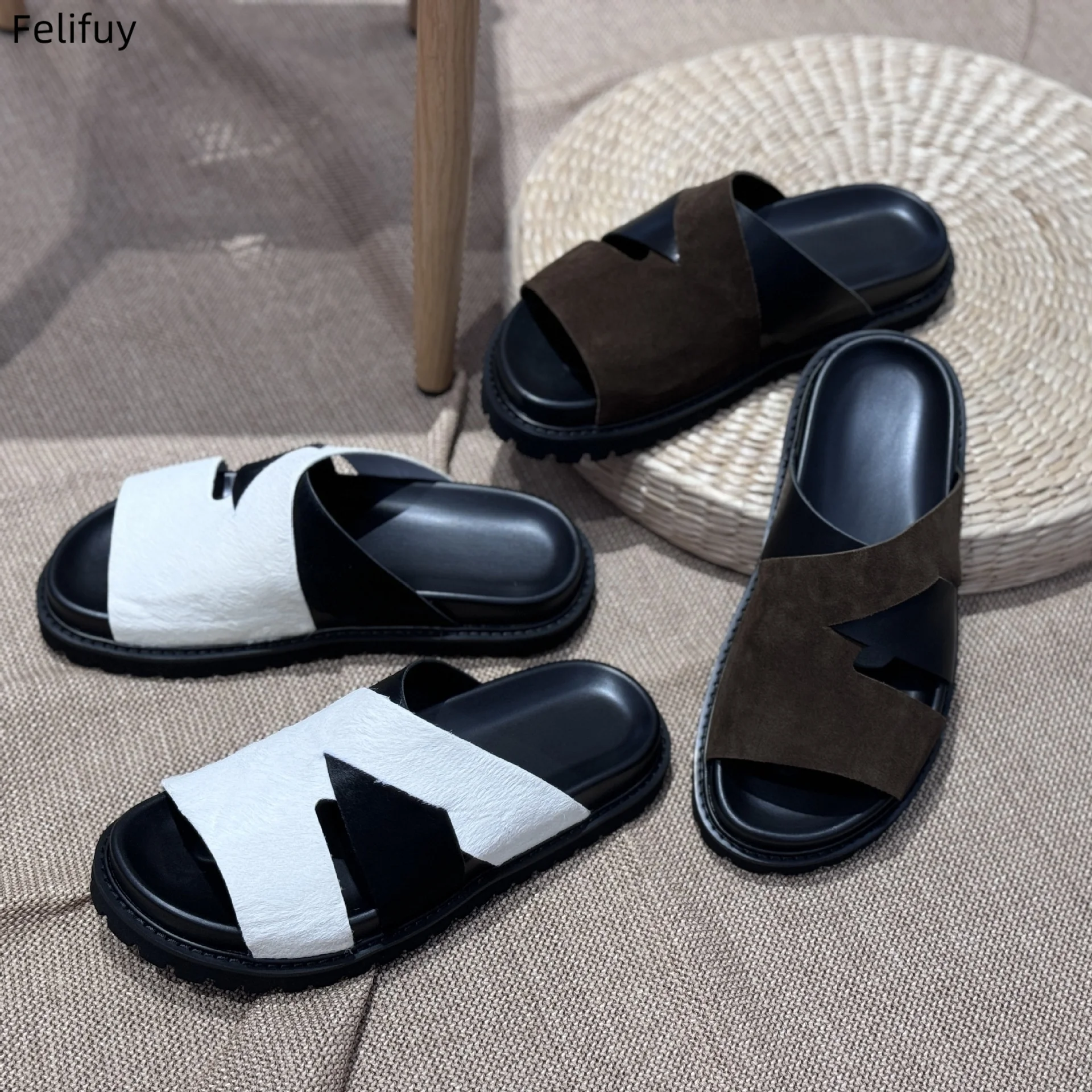 

Men's Summer Slip-On Sandals Casual Breathable Cow Real Leather Slipper Trendy Beachwear Comfortable Slip-On Shoes for Men