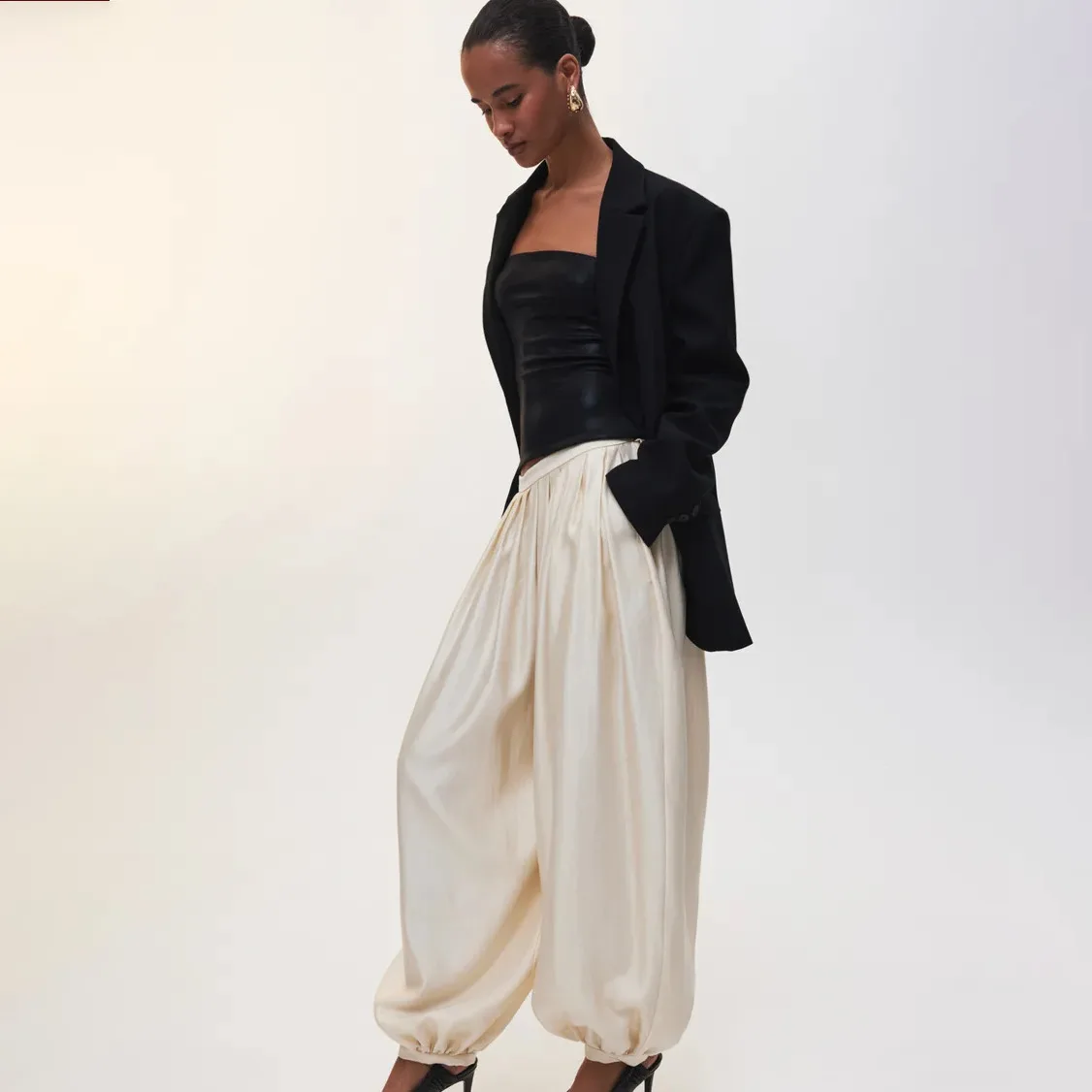 PUAL Luxury Satin Lantern Pants 2025 | High-Waisted Ruched Baggy Trousers | Elastic Cuff Harem Pants | Elegant Loose-Fit Women's