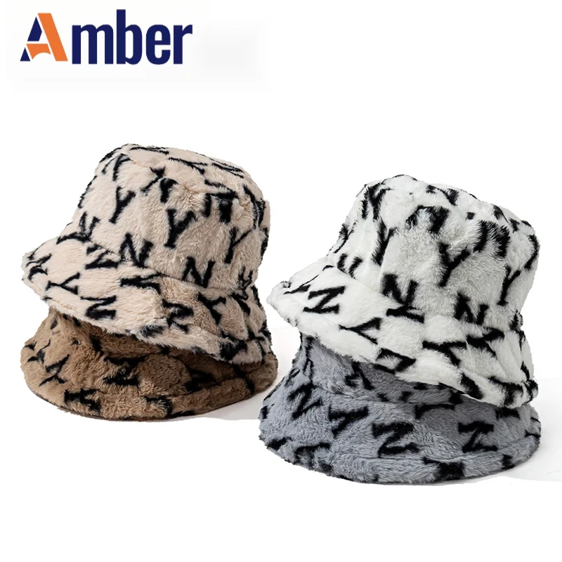 

Amber faux fur bucket hat fluffy autumn winter Panama fisherman hats letter print warm women Girl female soft plush velvet cap