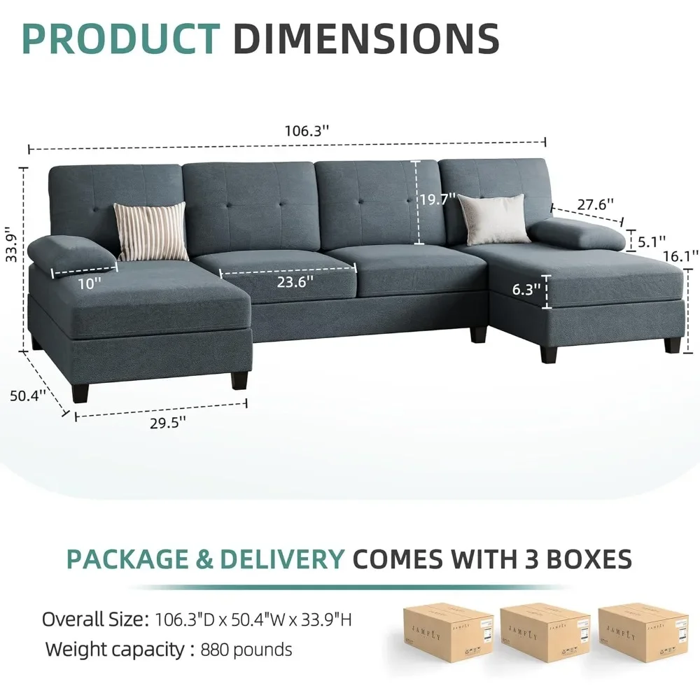 Sectional Sofa Couches for Living Room, U Shaped Couch Sofas Living Room Furniture Sets Clearance with Double Chaises