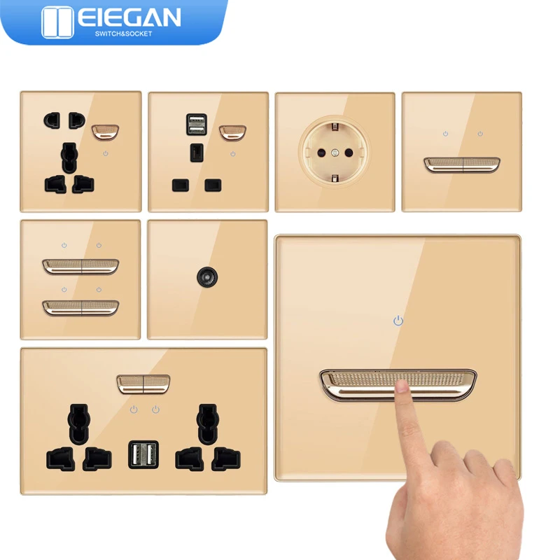 

ELEGAN Gold Tempered Glass Wall Switch Panel European 16A Socket Retro Toggle Light Switch Eu Uk Standard USB Socket 1/2/3/4Gang
