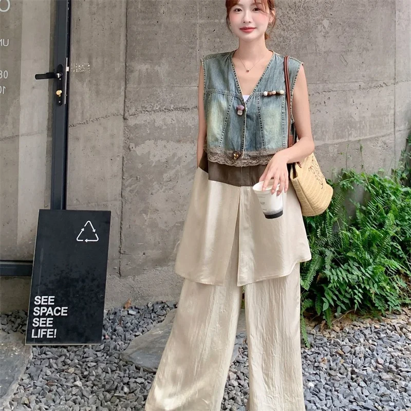 

2025 Summer New Design Denim Stitching Vest Women Single-Breasted Vest Coat + Wide-Leg Pants Two-Piece Fashion Waistcoat Suit