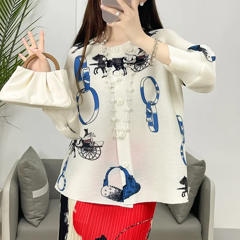 

ALSEY Pleated 2024 New Casual Printed Nine-quarter Sleeve Design Shirt Tops Loose Fashion Cardigan Women's Clothing