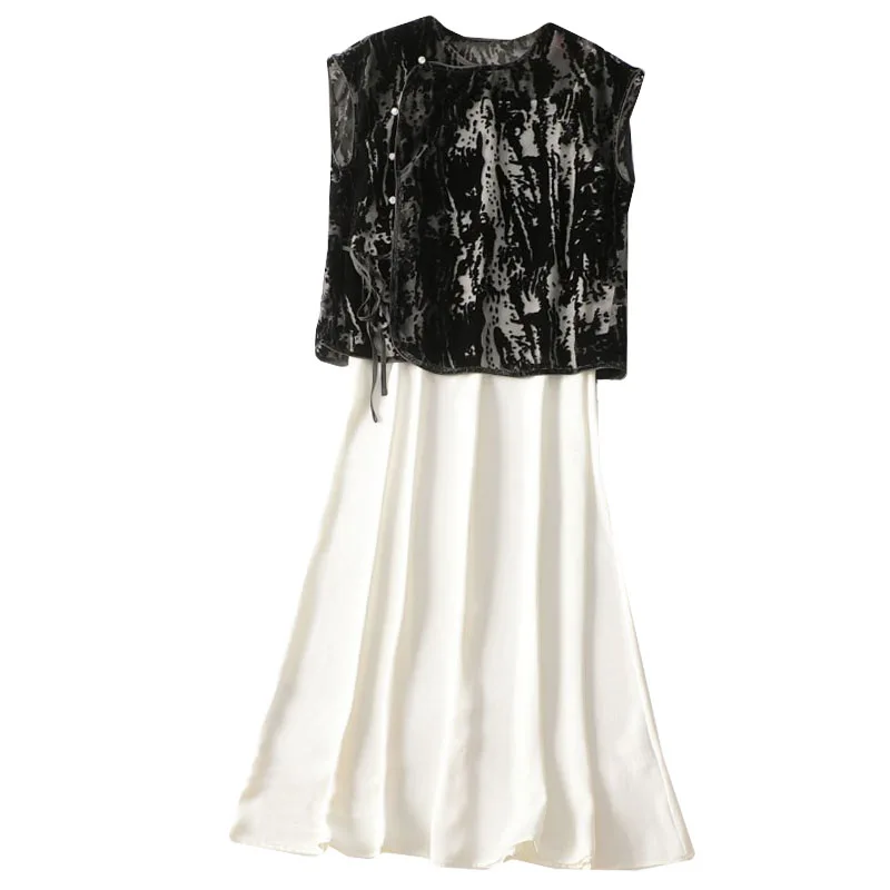 Elegancki Nowy Damski Zestaw Długiej Spódnicy Svel Round Ne w Stylu Starożytnych Chin, Modny Strój do Pracy, Letni Komplet