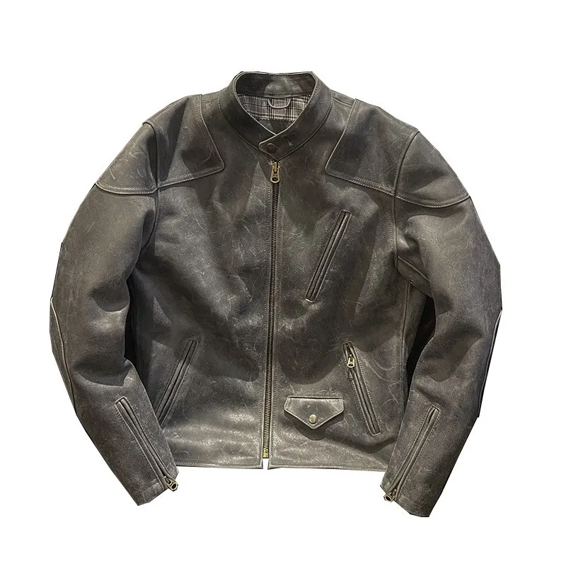 Men's stand-up collar multi-pocket leather vintage craftsmanship pure cowhide