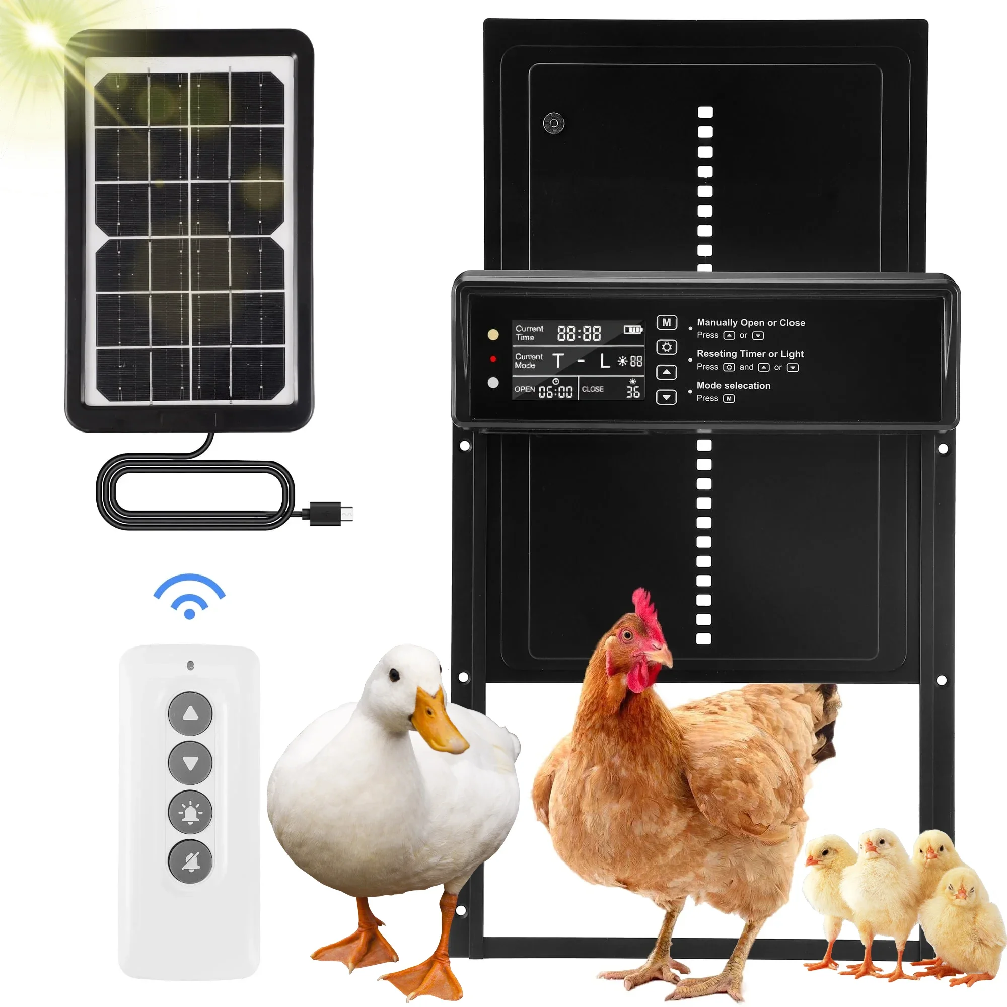 

Solar Automatic Chicken Coop Door with LCD Screen, light Sensor/ Timer/ Remote Control Auto Chicken Doors Anti Pinch Waterproof