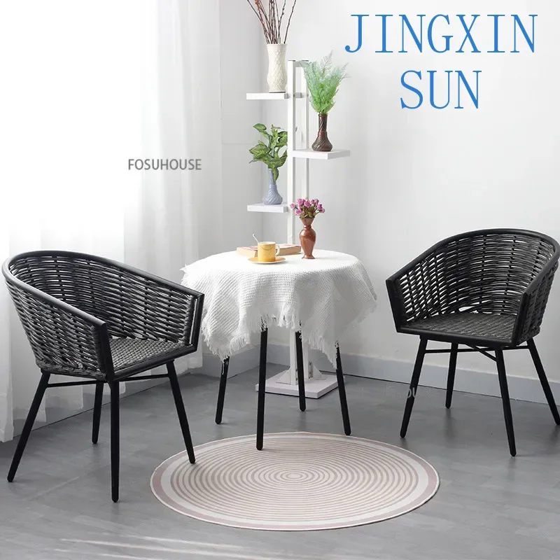 Nordic Rattan Chair For Outdoor Furniture Rattan Dining Chairs Garden Courtyard Beach Chair Commercial Leisure Three-piece Set