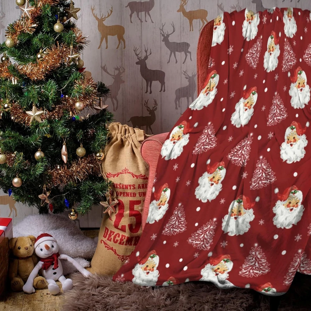 

Xmas Santa Claus Blankets Christmas Soft Anti Pilling Red Blanket Winter Snowflake Tree Decorative Lightweight Flannel Blanket