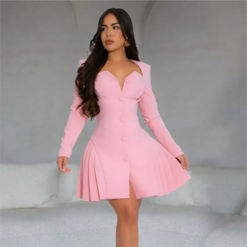 Mini abiti da donna a maniche lunghe con volant sull'orlo Elegante festa di compleanno Prom Vita avvolgente A-Line 2025 Primavera Autunno Office Lady Vestidos