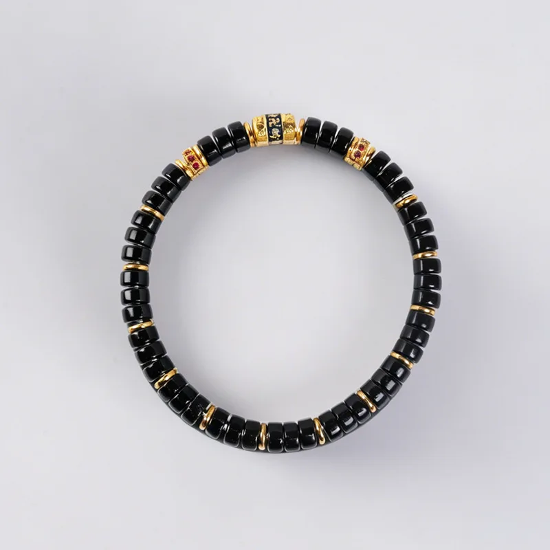 Handmade Chinese Traditional Sherpa Glass Flat Disc Beads Bracelet With Engraved Prayer Wheel Charm Ethnic Jewelry For Men Women 6