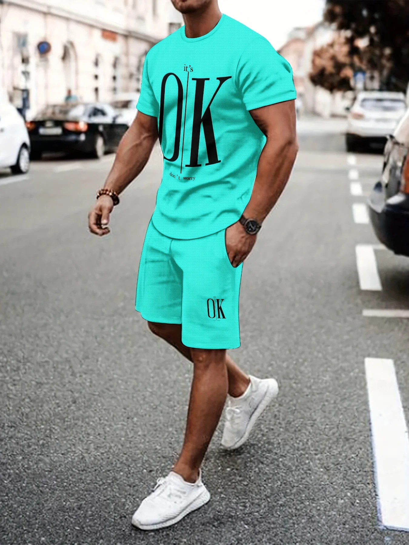 Men's Casual Sports Suit 3D Printed T-shirt Round Neck T-shirt and Shorts Large Size