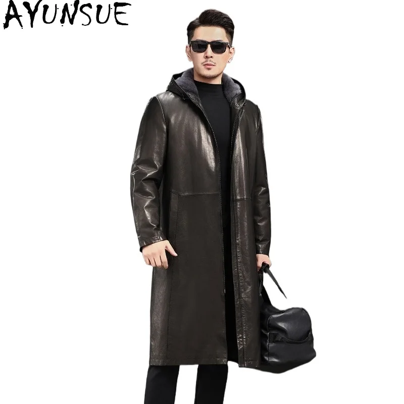 AYUNSUE Real Goatskin Genuine Leather Jacket Men Long Hooded Winter Jacket with Detachable Mink Liner Fur Coat Outerwear 2026