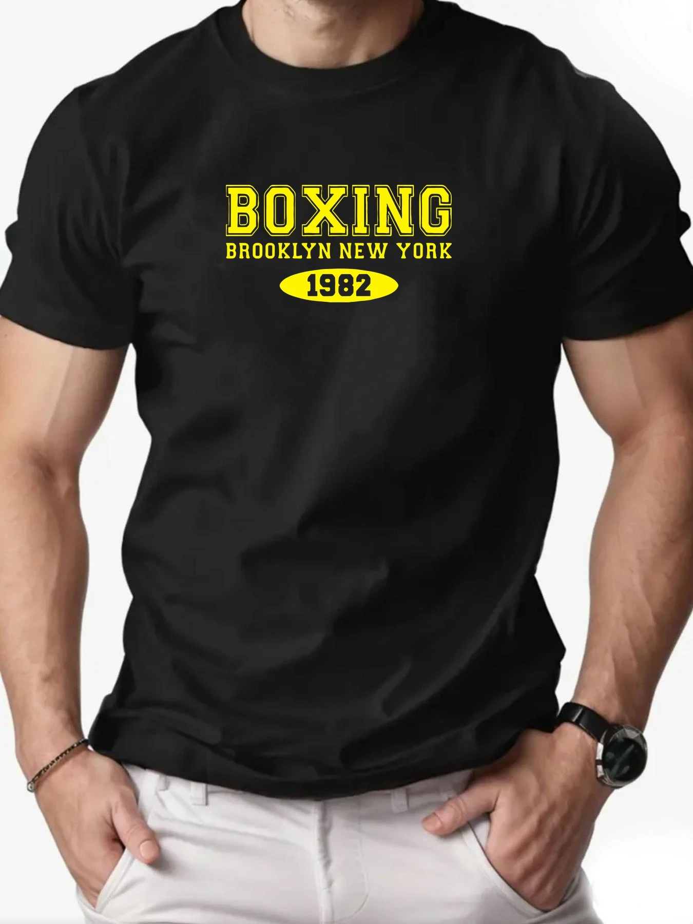 2025 New Hot Sale Men's Summer Short Sleeve T-Shirt with Boxing Brooklyn New York 1982 Print Casual Soft Breathable Cotton Tee