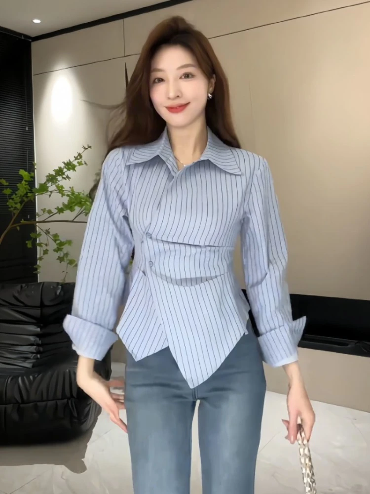 Shirts & Blouses For Women Full Long Sleeve Loose Woman Top Spring And Autumn Button Up Striped Crop Offer Aesthetic Hot Tall Xl