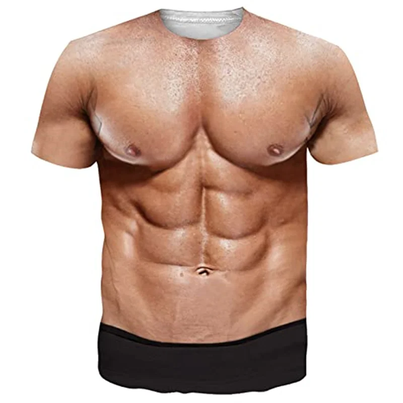 Divertenti magliette 3D finte in Abs per uomo T-Shirt oversize Sexy con grafica a maniche corte con grafica sul petto muscolare peloso