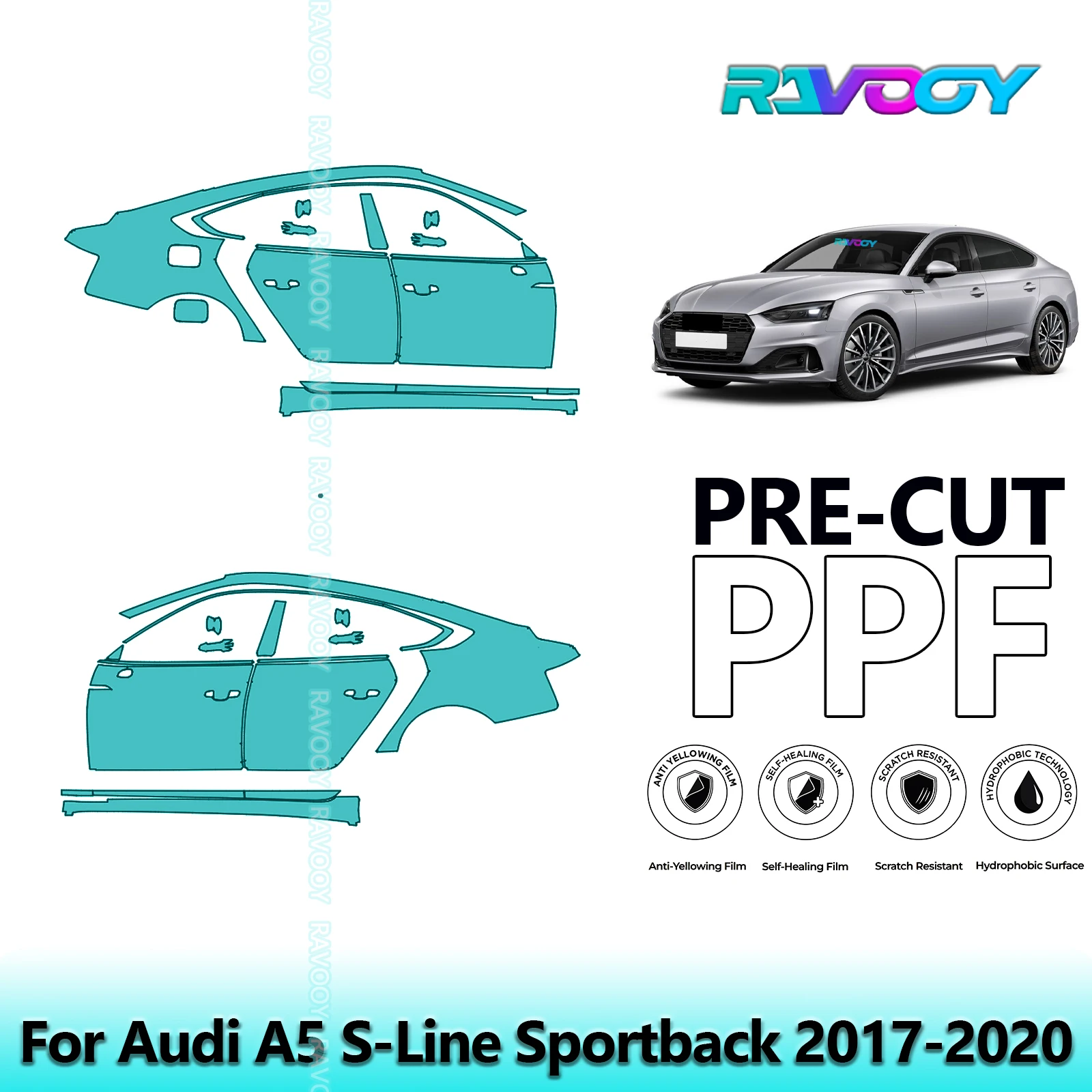

For Audi A5 S-Line Sportback 2017-2020 8.5mil Clear Matte Pre-Cut PPF Door & A/B Pillar Kit TPU Paint Protection Film Set