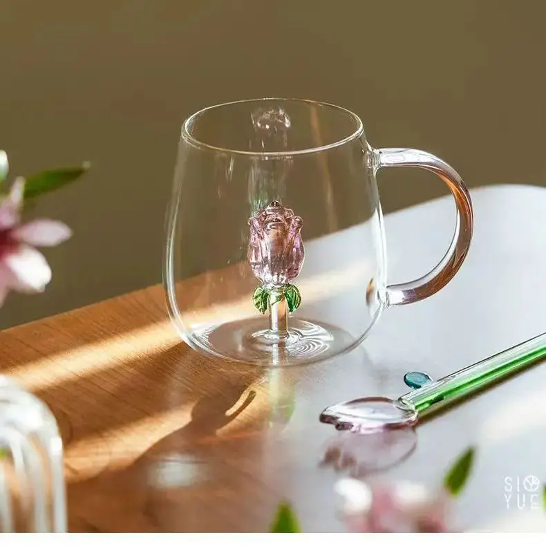 3D Rose  In Glass Cup Mug with Pink Handle High Borosilicate Heat-resistant Glass Cup Milk Coffee Glasses