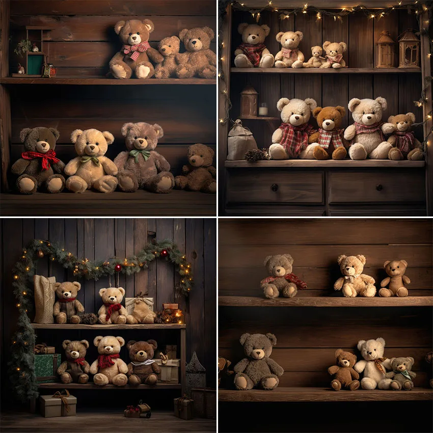 Mehofond Photography Background Vintage Indoor Wooden Wall Cute Bear Gift Kid Birthday Party Portrait Decor Backdrop Photo Studi