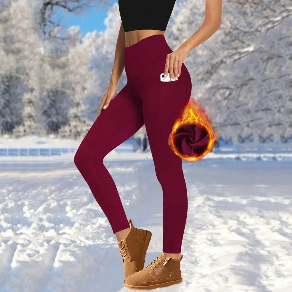 Leggings de mujer acogedores de terciopelo de cintura alta Leggings de mujer con bolsillos para Otoño Invierno cálidos pantalones de Yoga ajustados para clima frío