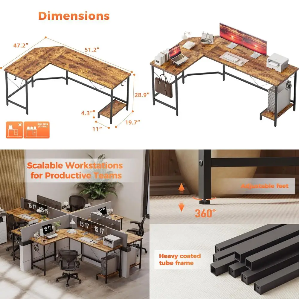 

50-дюймовый L-образный игровой стол с подставкой для процессора и крючками, коричневый в деревенском стиле для дома, спальни и офиса