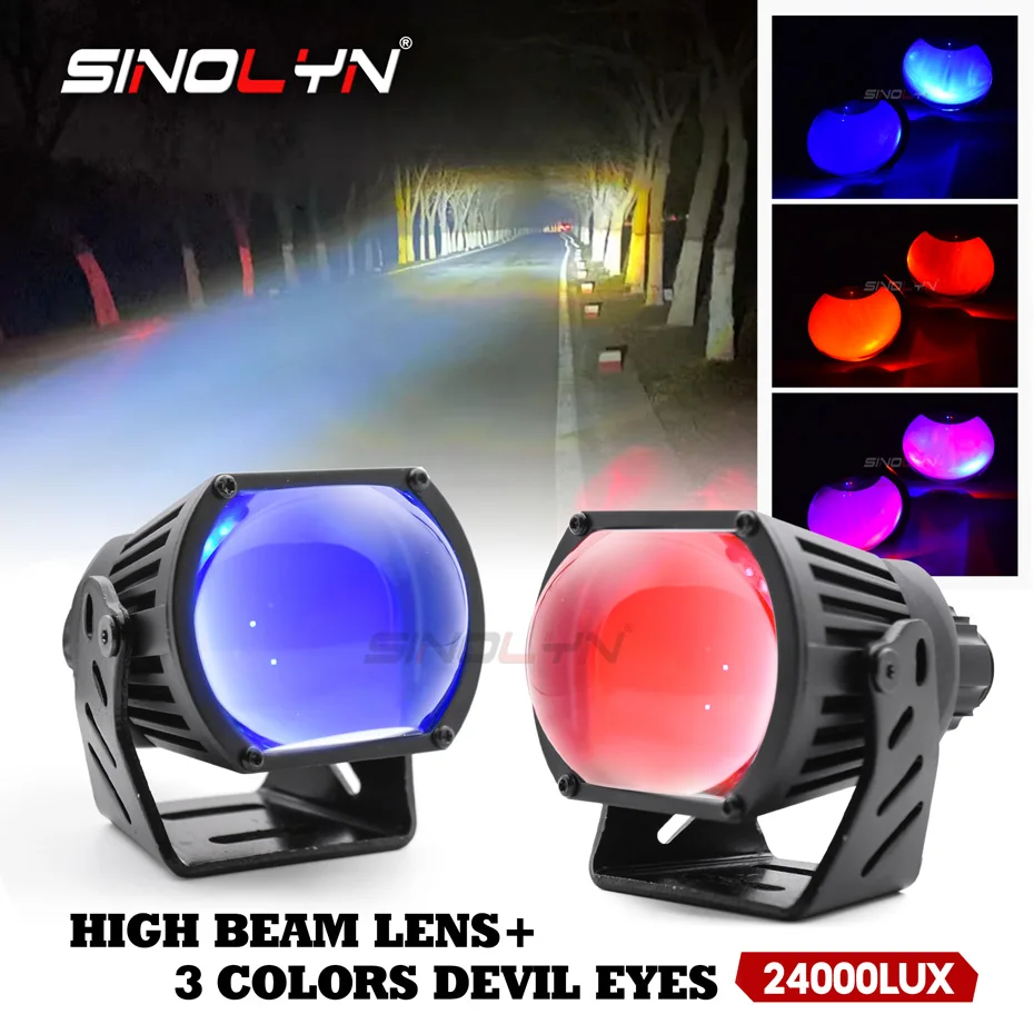 Sinolyn Square LED High Beam Lenses For Headlights 24000LM Projector Spotlights Devil Eyes 6000K LED Lights Car Motorcycles DIY