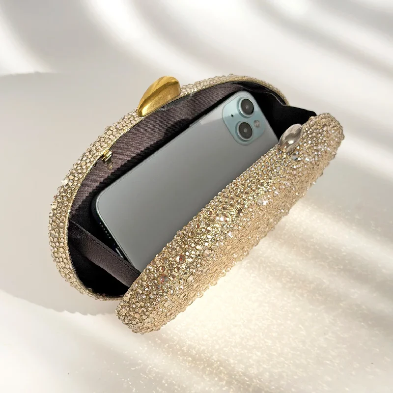 Women Gold Rhinestone Evening Clutch Bag Oval Shape Sparkly Crystal Handbag with Chain Strap for Wedding Party Prom Cocktail ﻿