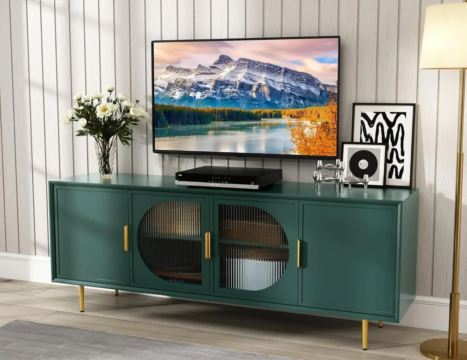 Modern TV Stand for TVs up to 70+ inch,Entertainment Center with Storage Cabinet, Wood Media for Bedroom, Living Room, Green