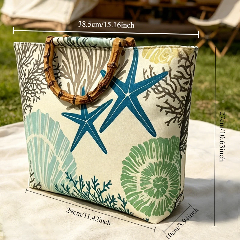 Blaue Seestern-Korallenmuschel-Print Kunstbambusgriff Damen-Tragetasche, Große Kapazität Pendler-Tasche – Detail 6