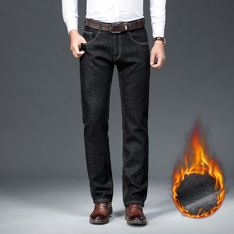 クラシックスタイルメンズ冬フリースジーンズルーズストレートレッグパンツ男性厚手ビジネスカジュアルファッションメンズストレッチパンツ