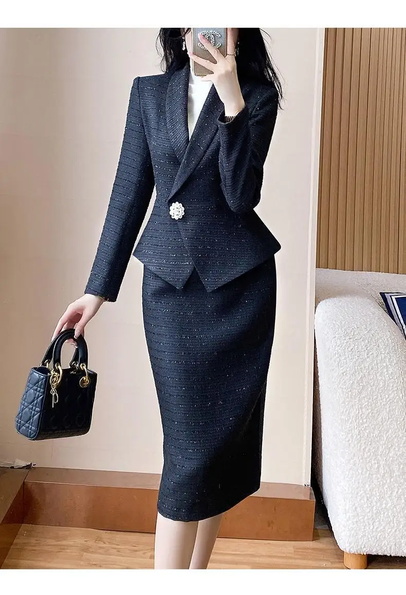 Insozkdg الفاخرة الأزرق بدلة قصيرة سترة المرأة الخصر التخسيس دعوى الإجتماعي الراقية ميدي تنورة مجموعة قطعتين مجموعة ملابس النساء