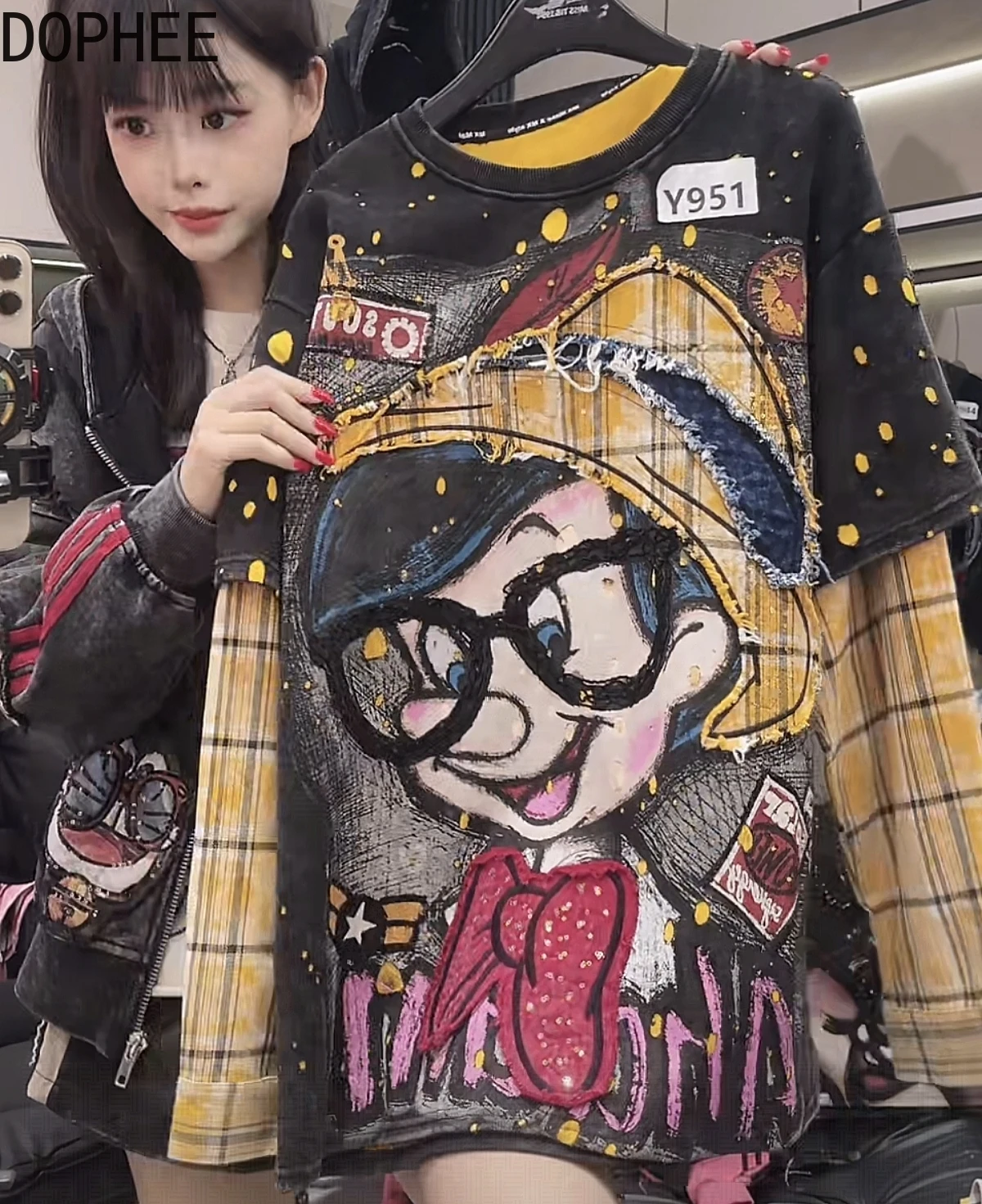 

Trendy Colorblock Faux Two-piece Women T-shirt New Autumn Winter Loose Basic Tops Sequins Cartoon Embroidery Oversize Casual Tee