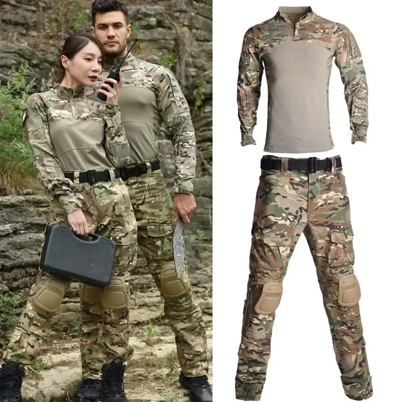 Uniforme de camuflaje para exteriores, trajes tácticos, ropa para hombre, Tops, resistencia al desgaste, pantalones de caza Multicam Airsoft + almohadillas