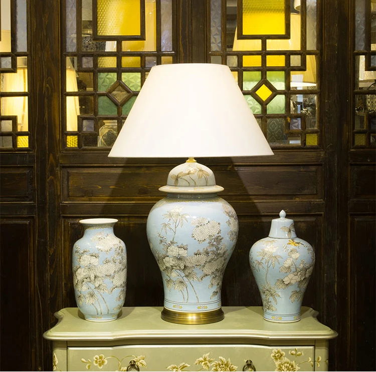 Good Quality Blue Ceramic Desk Lamp, Flower Pattern Led E27 Home Decorative Table Lamp Made in China - Image 6