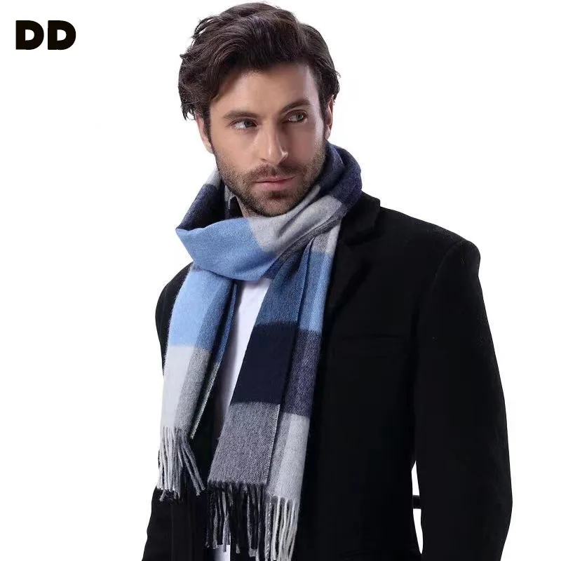 High Quality Autumn Winter 100% Wool Scarf Men Warm Versatile Classic Business Plaid Wool Muffler Women Thermal Gift Male Female