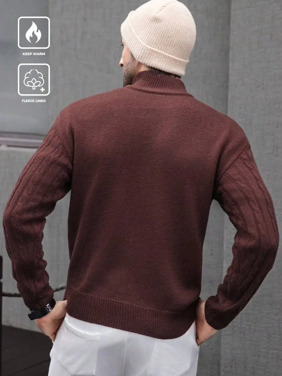 Men's Burgundy Cable Knit Half-Zip Pullover Sweater, Fleece Lined for Fall Winter