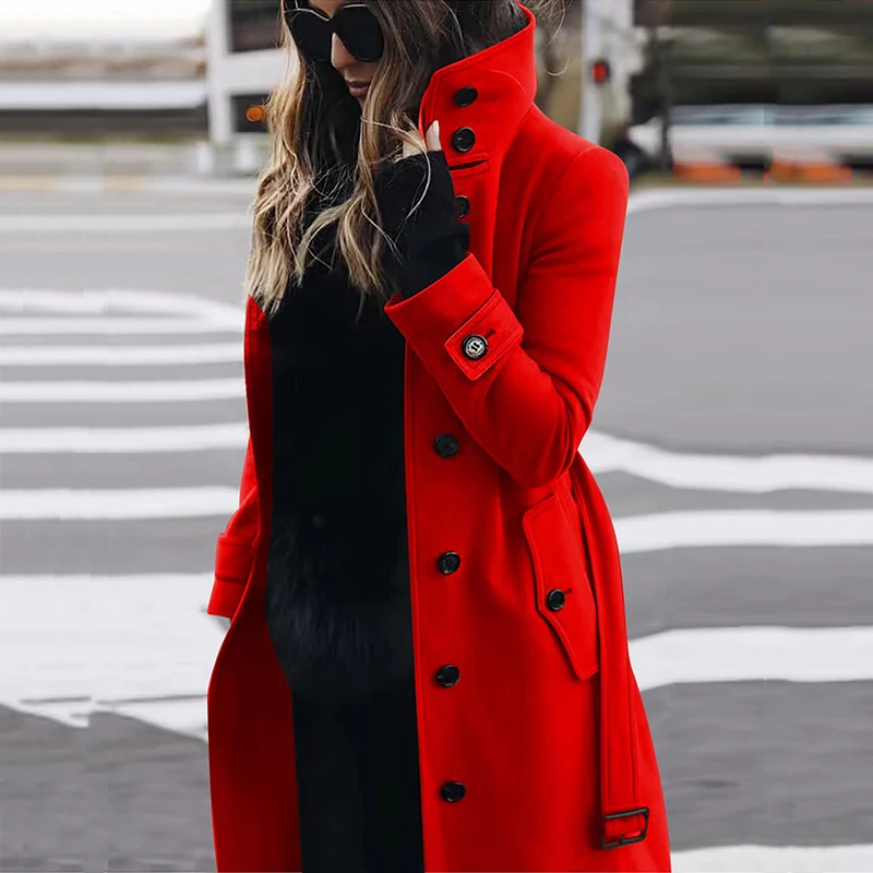 2023 New Solid Color Button Long Wool Coat Autumn Warm Stand Collar Women Coat Fashion Ladies High Neck Pocket Belt Trench Coat