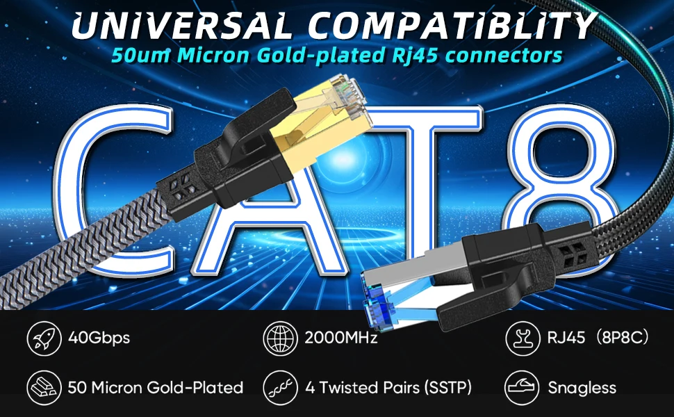 D-Sunty Ethernet-Kabel, CAT8, 40 Gbit/s, geflochtenes Nylon-Netzwerk-LAN-Kabel für PC, Modem, Laptop, PS 5, Router, RJ45, Flachkabel, Ethernet, Cat 8 – Detail 1