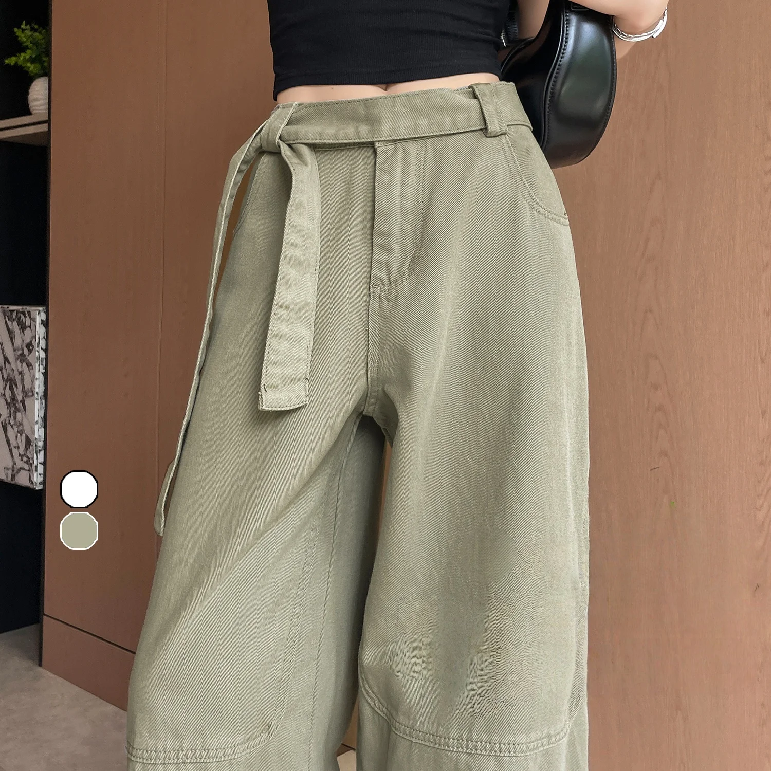 Autumn High Waist Washed Cotton Women's Wide Leg Pants Sashes 2025 New Solid Vintage Casual Loose Straight Trousers Female