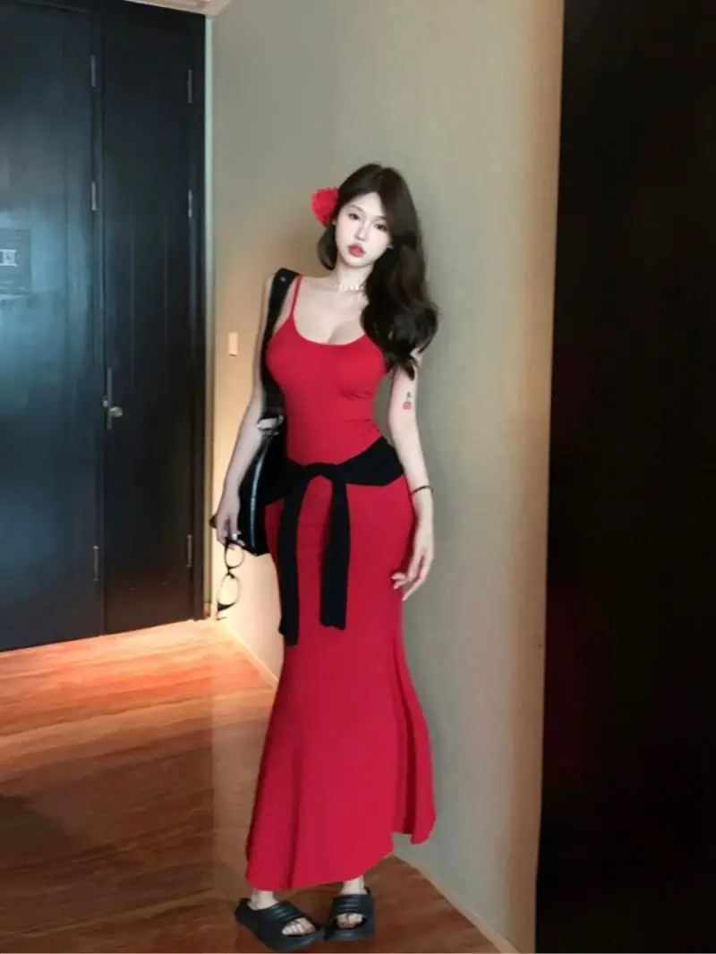 Mid length waist collection butterfly backless stunning dress summer slim fit hip wrap suspender long dress Vintage Dresses