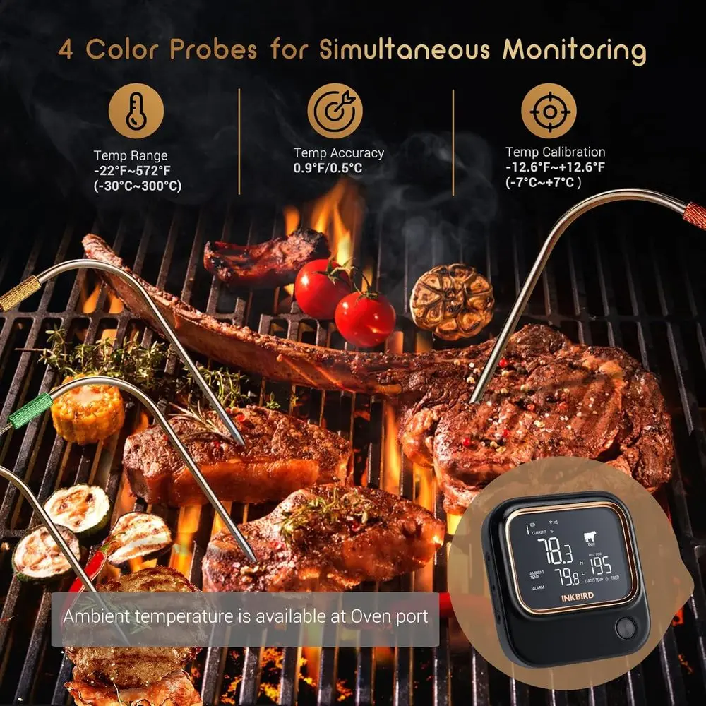 Grill Meat Thermometer with 4 Probes, Wireless APP Control, Alarm Timer, Backlit LCD, Rechargeable