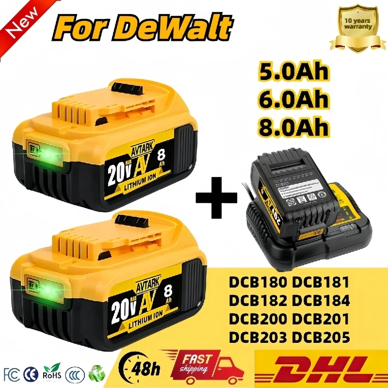 

For DeWalt 20V 6.0Ah 8.0Ah DCB200 Battery Compatible Replacement Li-ion Battery with Charger DCB205 DCB204-2 DCB206 Power Tools