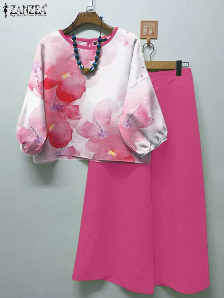 

ZANZEA Summer Elegant 3/4 Sleeve Floral Blouse Pant Sets Women Work Matching Sets Bohemain Loose Tracksuits 2PCS Holiday Outfits
