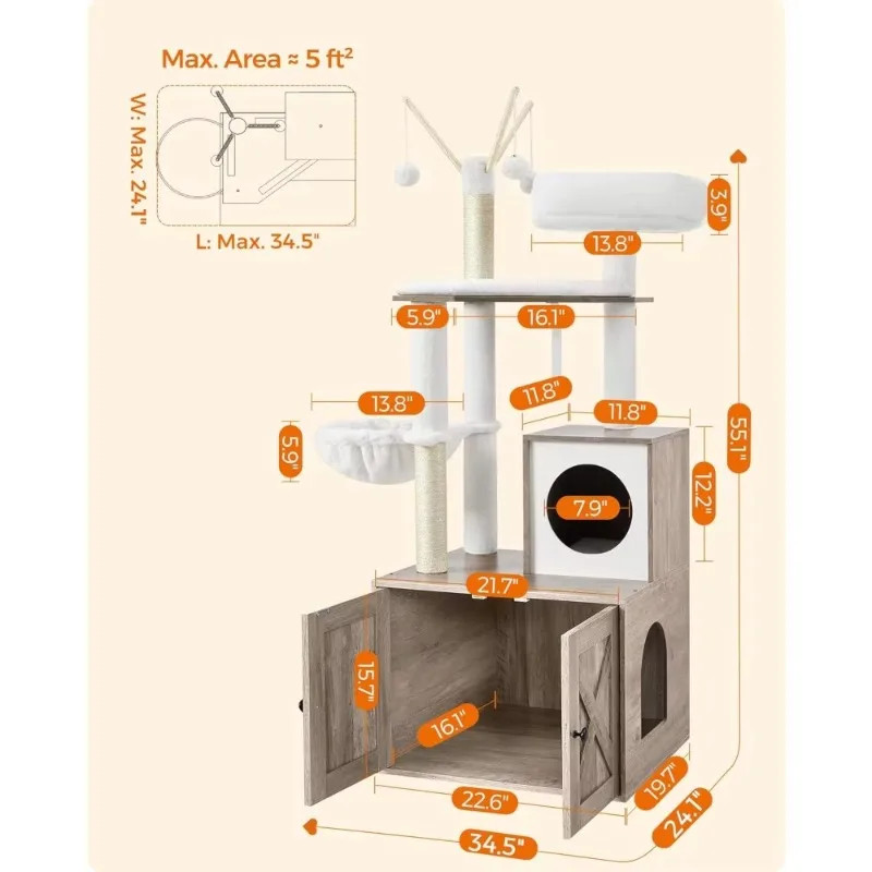 

Cat Tree with Litter Box Enclosure, 2-in-1 Modern Cat Tower, 55.1-Inch Cat Condo with Scratching Posts, Removable Pompom Sticks