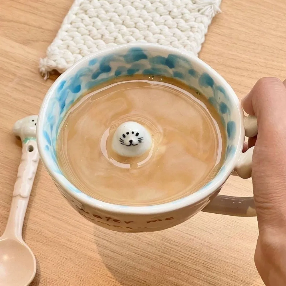 Cute Seal Swimming Pool Ceramic Mug 3D Figure Ceramic Coffee Cup Seal Penguin Milk Anime Themed Cup Gift For Coffee Lover