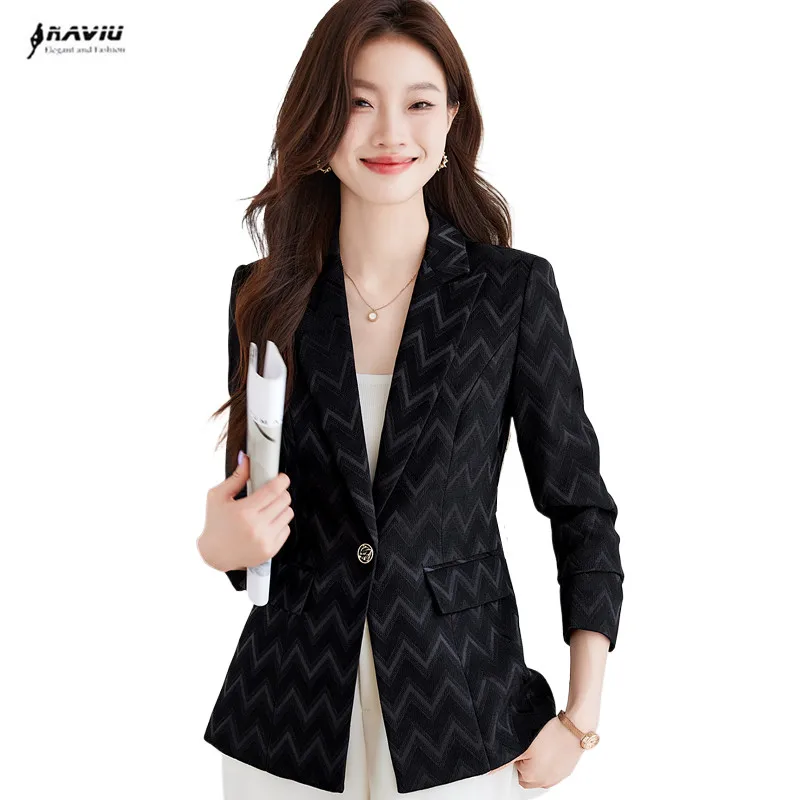 NAVIU Stripes Print Women Coat Solid Long Sleeve Blazers Lapel Nec Elegant Temperament Fashion Basic Jacket Office Lady Casual