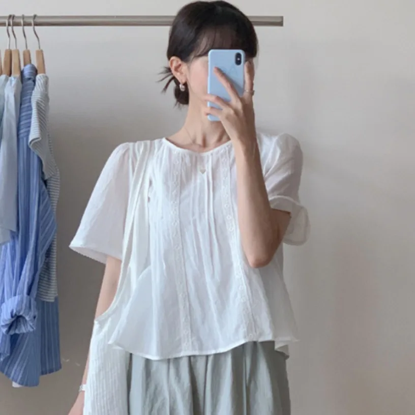 Sweet Sle Lace Trim Blouse Women's Spring Summer Fre Youthful Doll irt Gathered Paneling Romantic Forest Girl Gentle