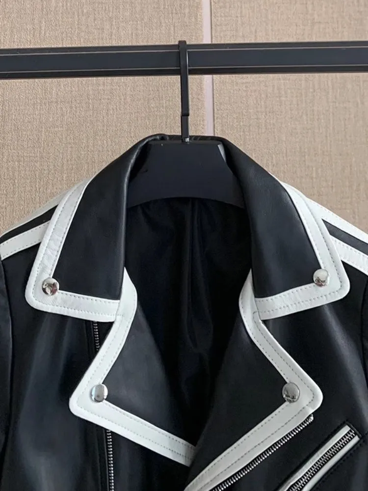 Giacca da motociclista corta da donna in vera pelle Streetwear Cappotto sottile in pelle di pecora Elegante capispalla da donna a maniche lunghe con cerniera da ufficio M-3XL